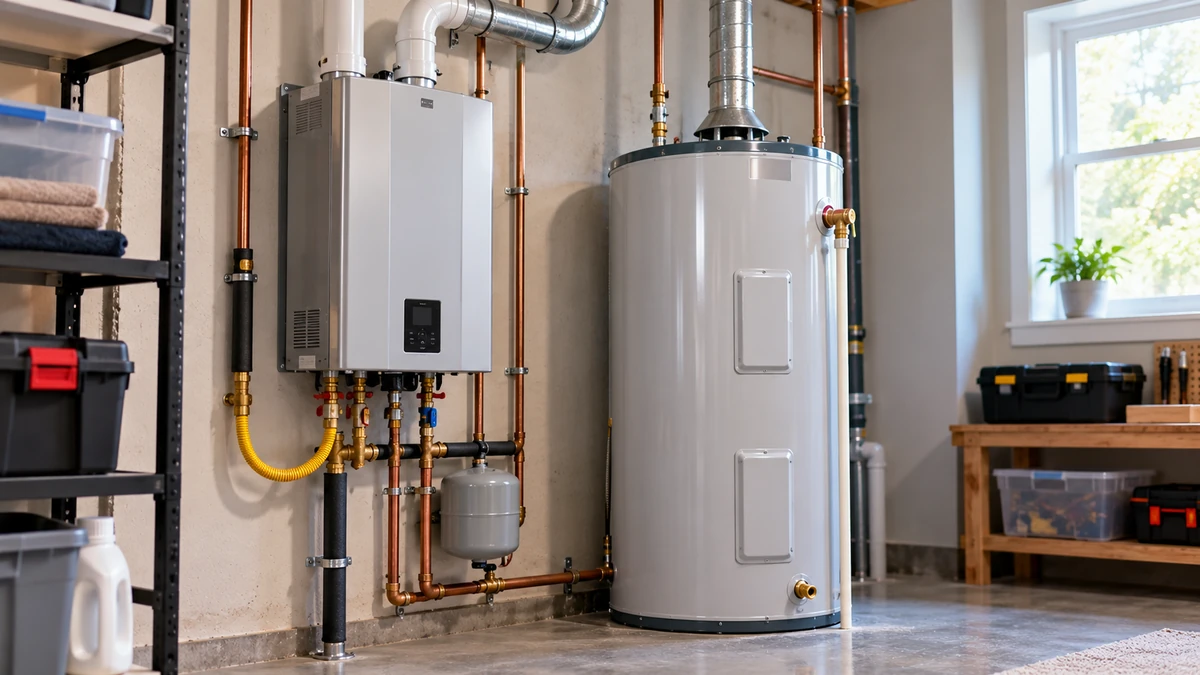 Tankless vs tank water heater comparison with realistic equipment in a home utility room