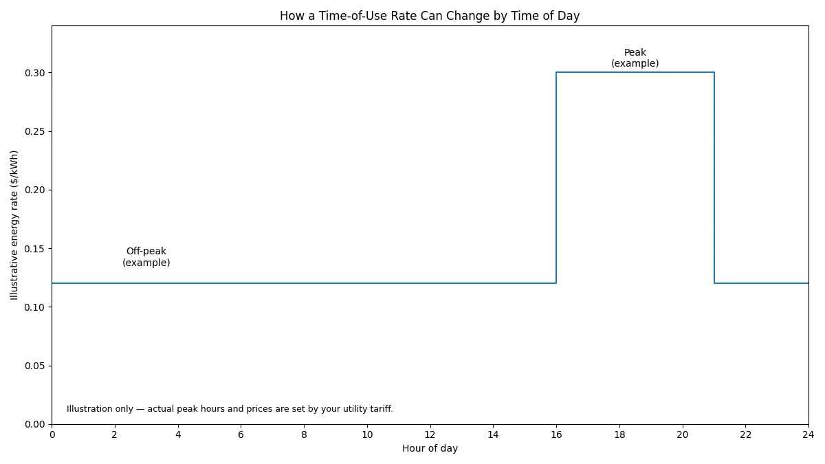 Time-of-use electricity rates USA example showing lower off-peak and higher peak electricity prices during the day