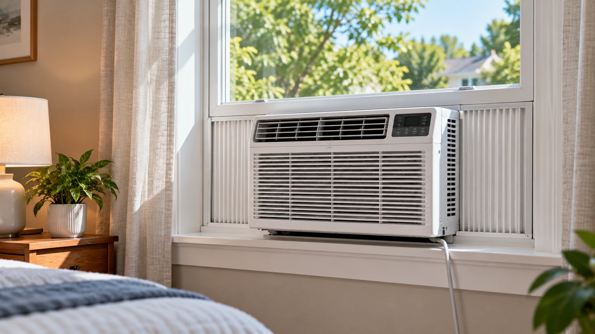 Window air conditioner running cost USA guide with a realistic window AC installed in a bedroom